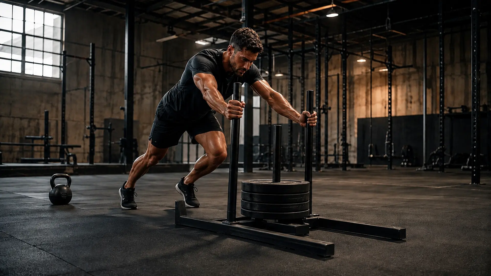 Hybrid athlete pushing a weighted sled